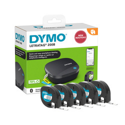 Zestaw Dymo 2172855 Drukarka LetraTag LT-200B + 5x taśma Dymo S0721660 Letratag 12mm x 4m biała plastikowa