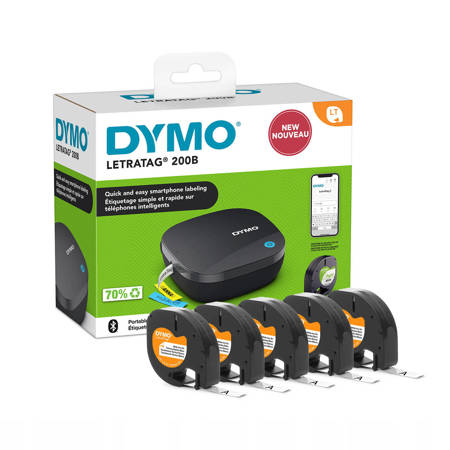 Zestaw Dymo 2172855 Drukarka LetraTag LT-200B + 5x Taśma Dymo S0718850 Letratag 12mm x 2m biała nylonowa